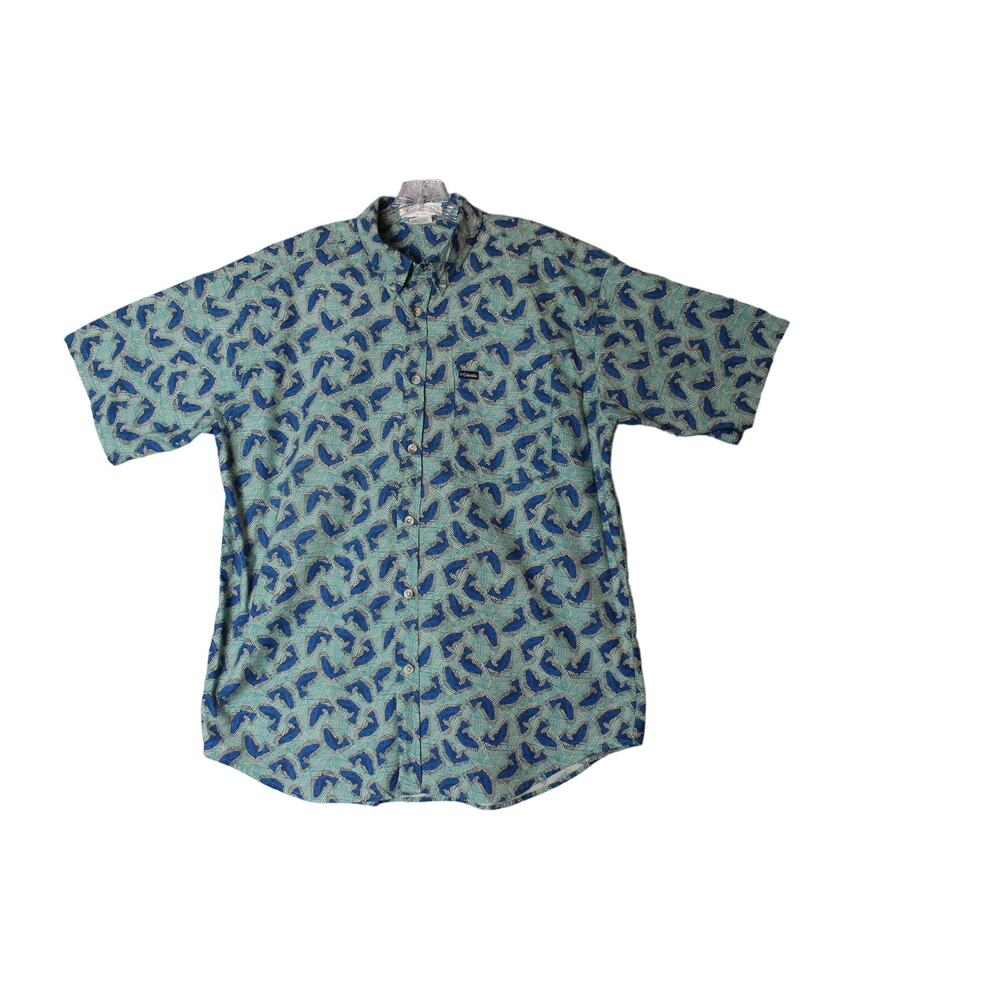 Columbia Mens Large Fish Print Button Down Shirt Turquoise and Blue 100% Cotton